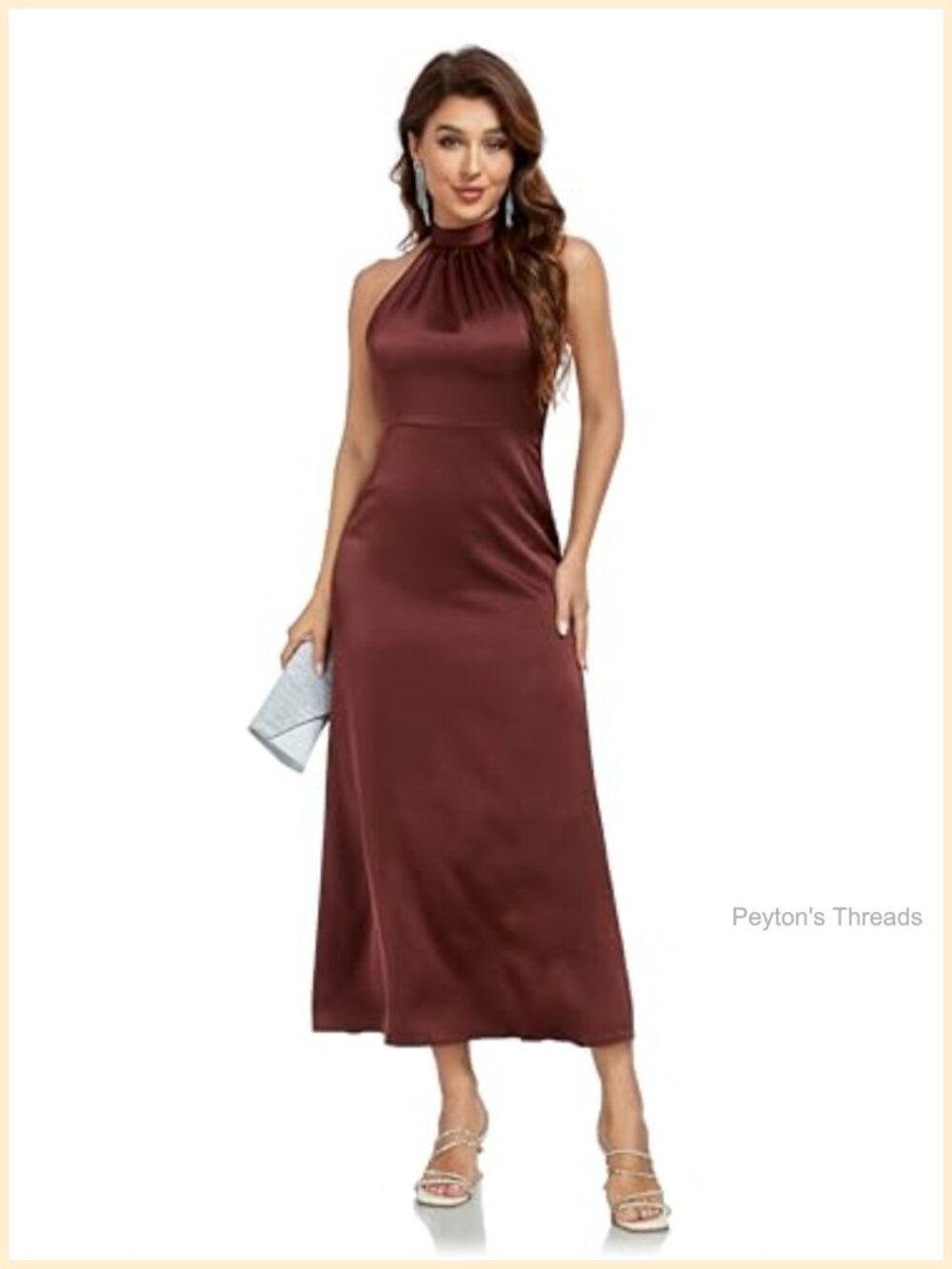 Satin Mock Neck Halter Sleeveless Midi Party Dress